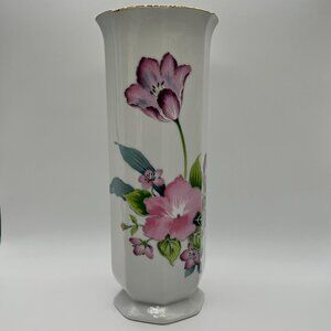 Vintage Floral Japanese Vase with Pink Flowers & Gold Trim – Tall Elegant Home
